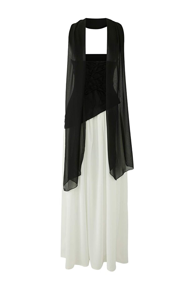 Black White A-Line Maxi Evening Dress