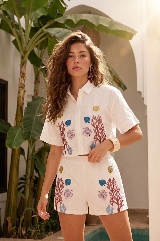 White Cotton Embroidered Beach Shirt & Shorts Set