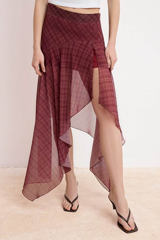 Burgundy Plaid Chiffon Midi Skirt, Asymmetric Checkered Skirt