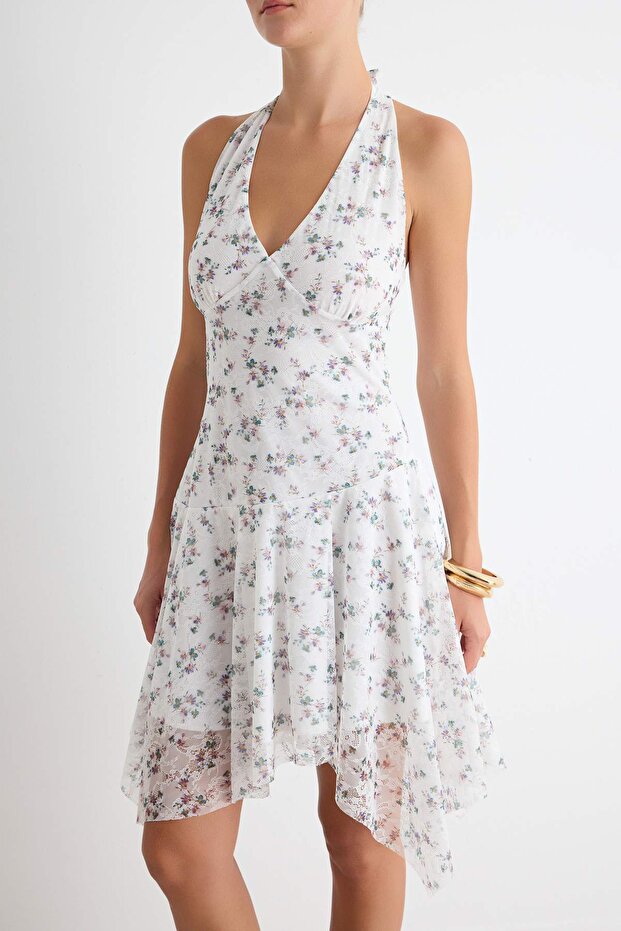 Multicolor Floral Midi Dress, Halter Neck Lace Dress, Sleeveless Bodycon Midi Dress