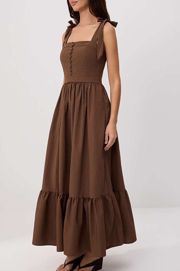Brown Maxi Dress, 100% Cotton Skater Dress, Strapless Neckline Maxi Dress