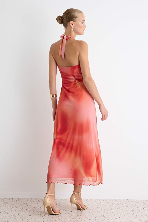 Orange Halter Neck Maxi Dress, Abstract Print A-Line Dress