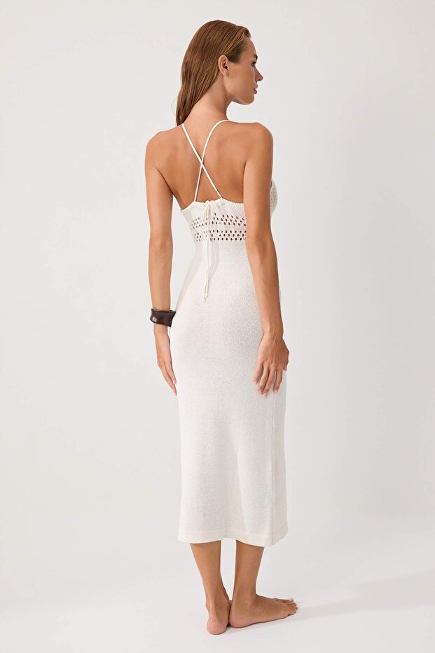 Ecru Knit Maxi Backless Sheer Beach Dress