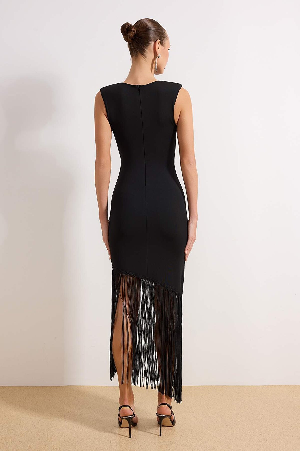 Black Fringe Detail Maxi Party Dress