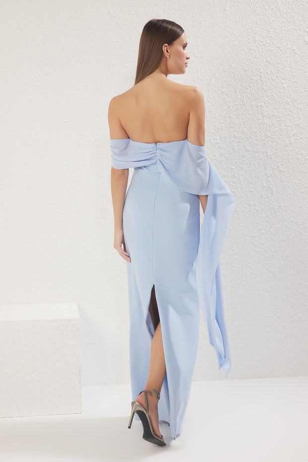 Light Blue Carmen Neck Maxi Evening Dress