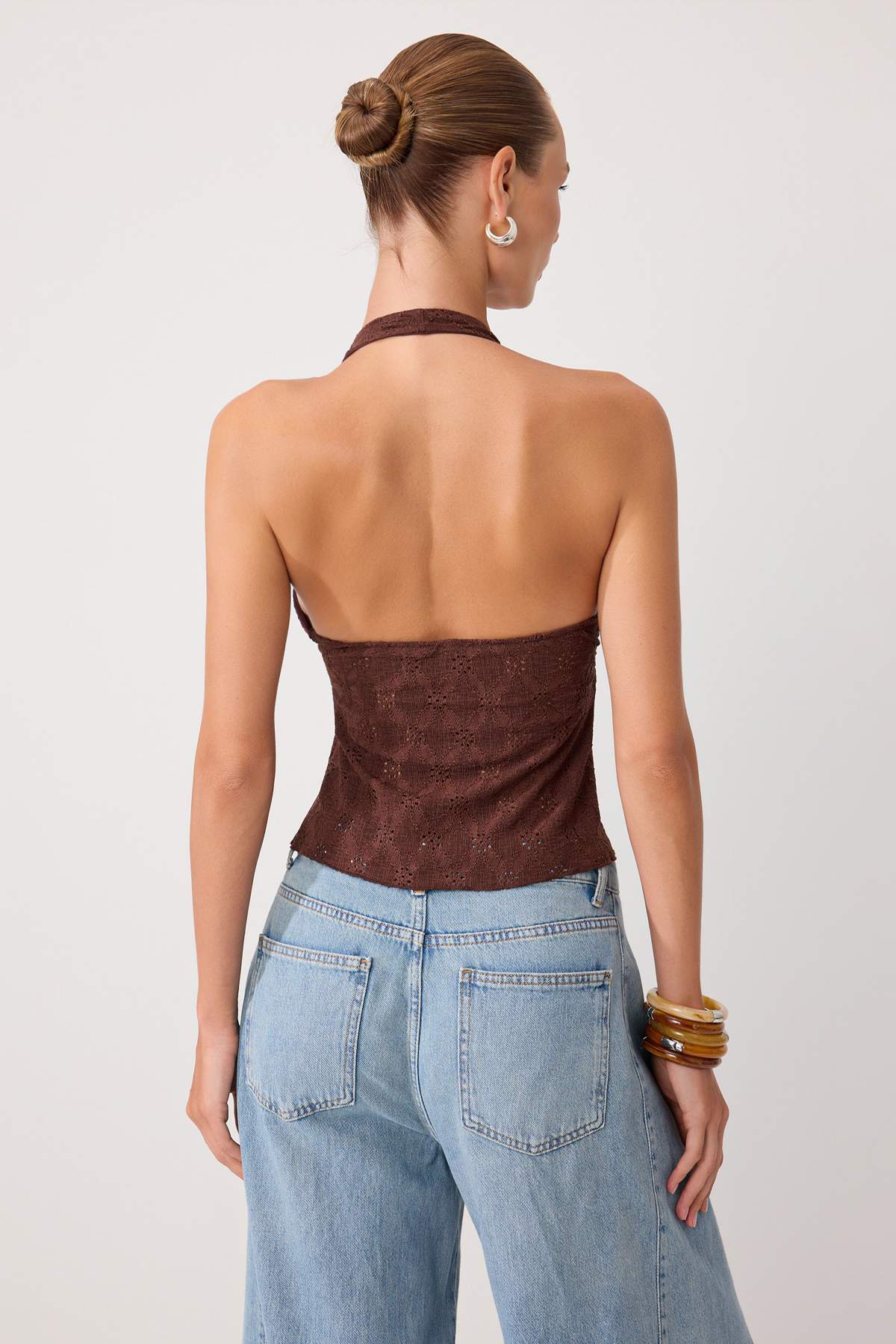 Ruched Jacquard Knit Blouse, Stretchy Brown Tank Top