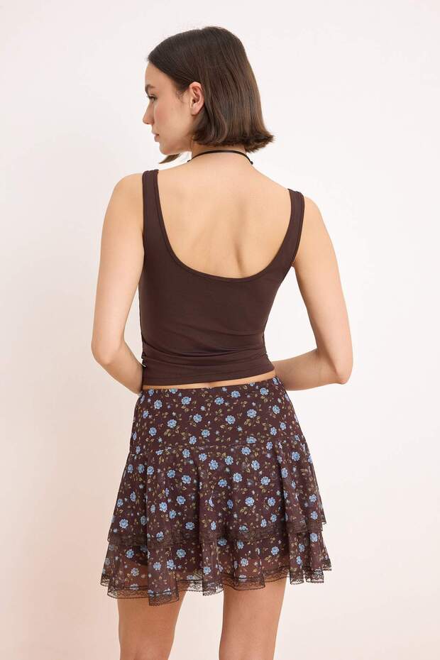 Multicolor Floral Skort Mini Skirt, Lace Detail Tulle Knit Skater Skirt