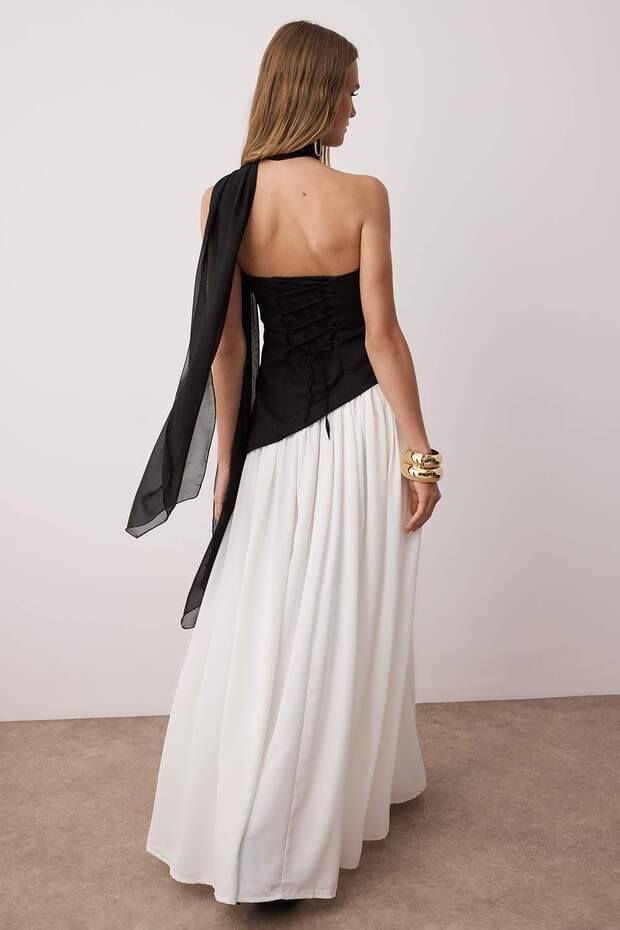 Black White A-Line Maxi Evening Dress