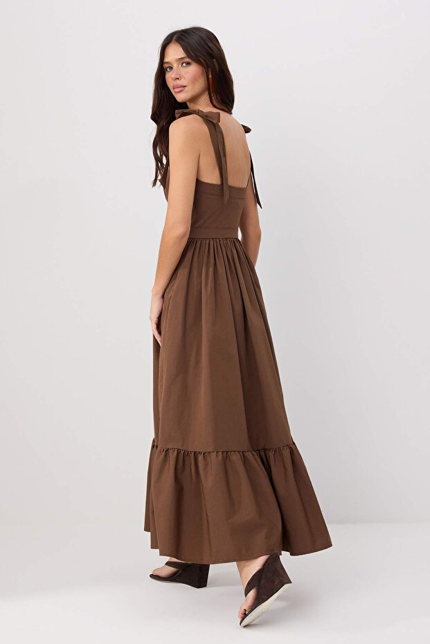 Brown Maxi Dress, 100% Cotton Skater Dress, Strapless Neckline Maxi Dress