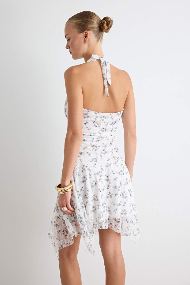 Multicolor Floral Midi Dress, Halter Neck Lace Dress, Sleeveless Bodycon Midi Dress