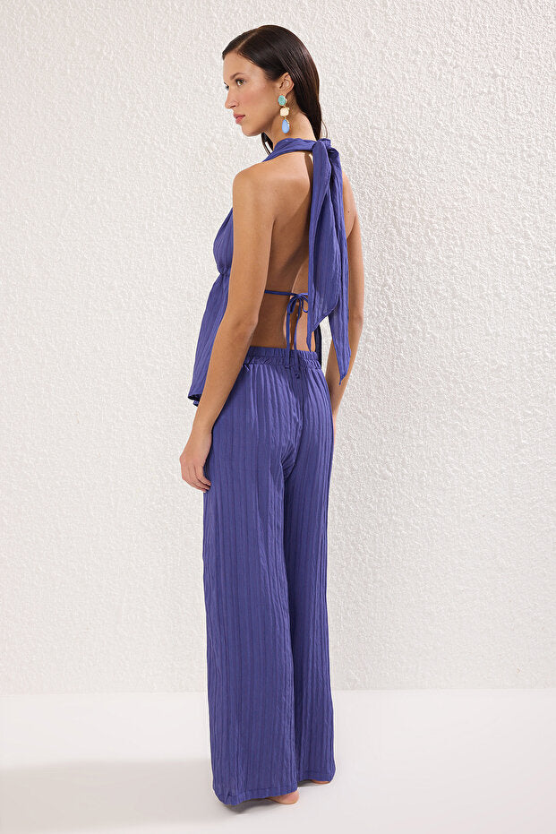 Purple Ruched Beach Blouse & Pants Set