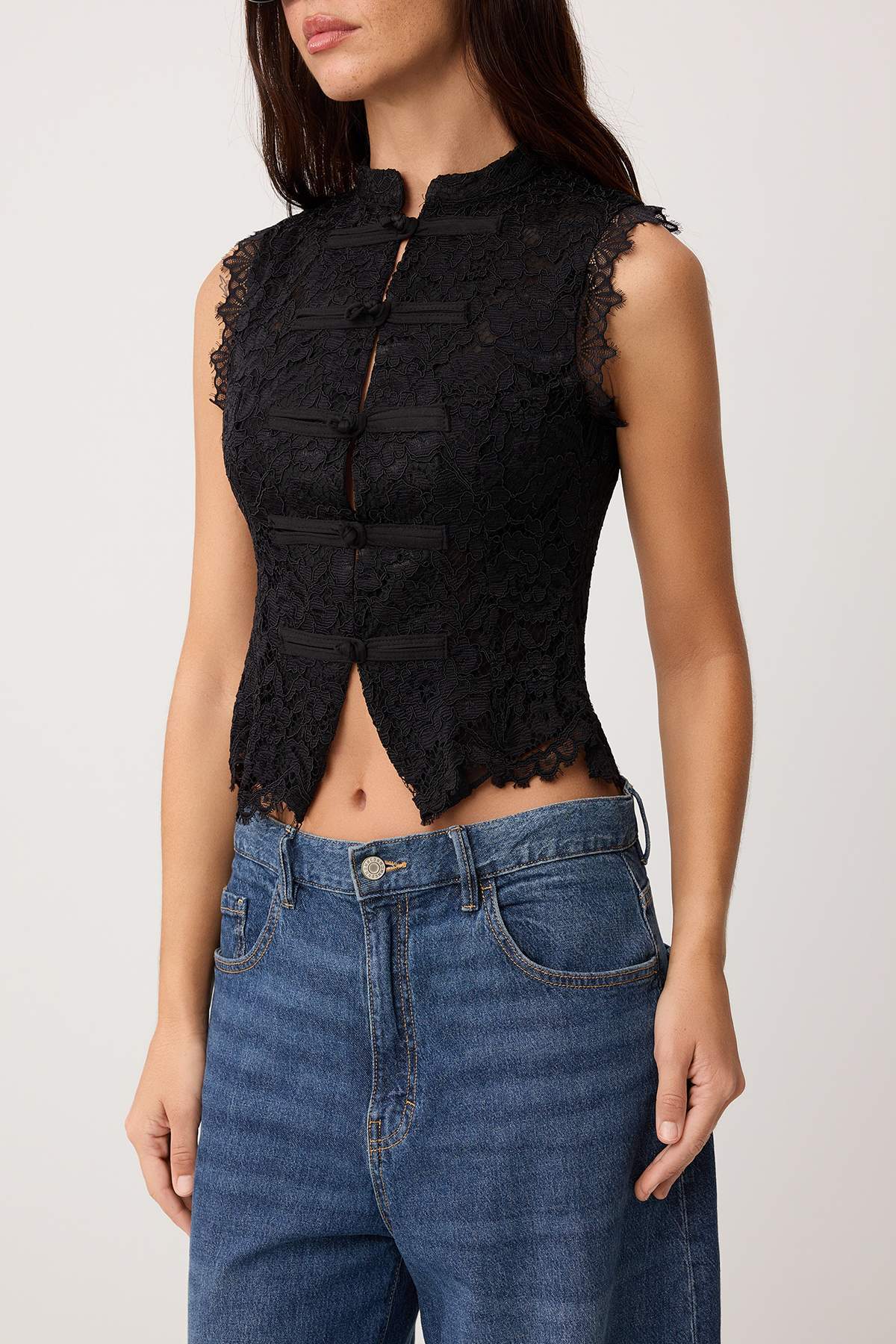 Black Lace Blouse, High Neck Sleeveless Guipure Lace Top, Regular Fit Black Blouse Feminine Summer Blouse