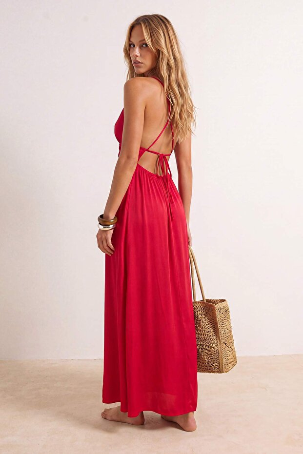 Red Ruched Maxi Beach Dress