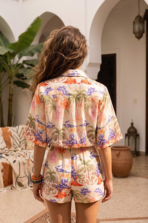 Tropical Print Cotton Beach Shirt & Shorts Set