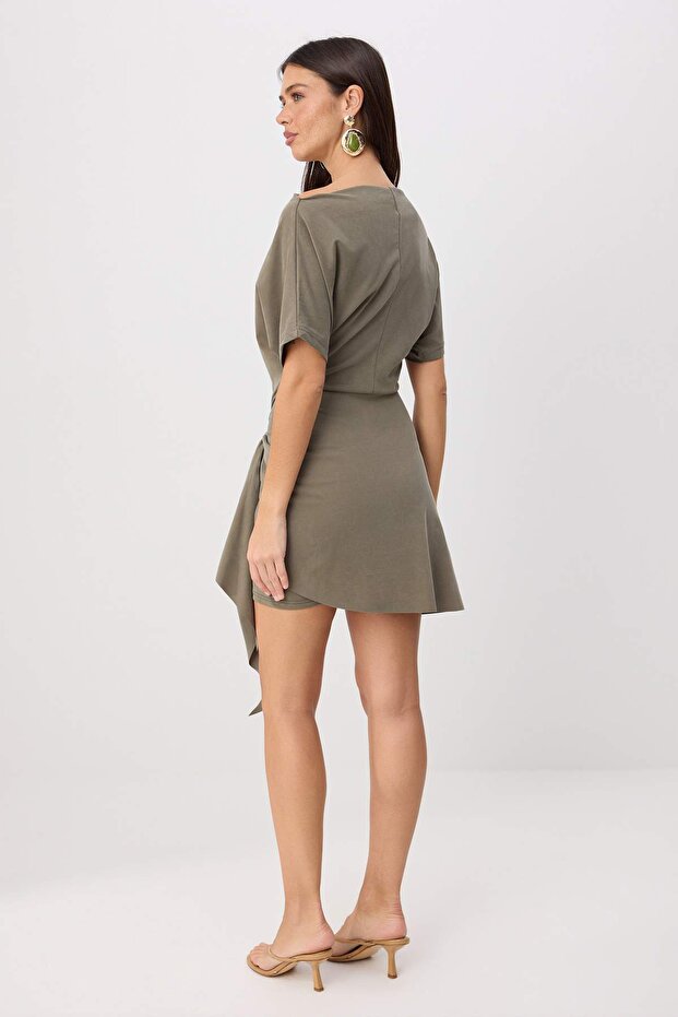 Dark Khaki Mini Dress, Lyocell Blend A Line Dress, Boat Neck Flared Mini Dress, Short Sleeve Knit Dress
