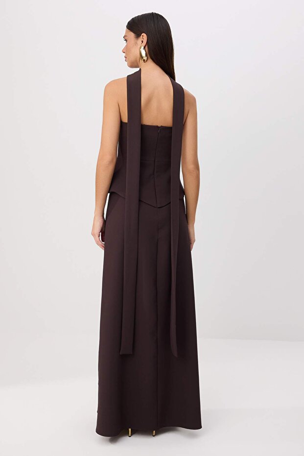 Brown Strapless Maxi Graduation Dress