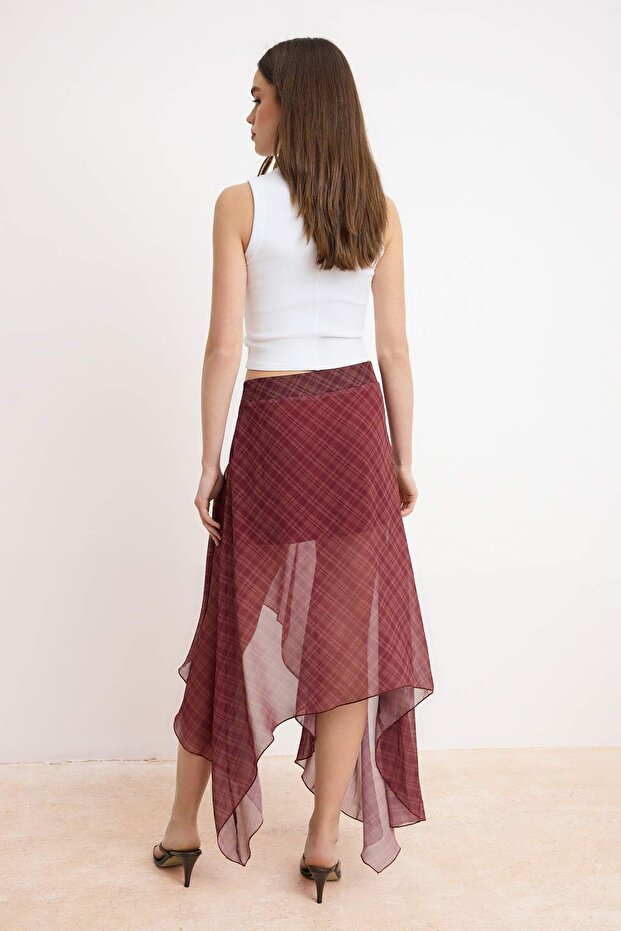Burgundy Plaid Chiffon Midi Skirt, Asymmetric Checkered Skirt